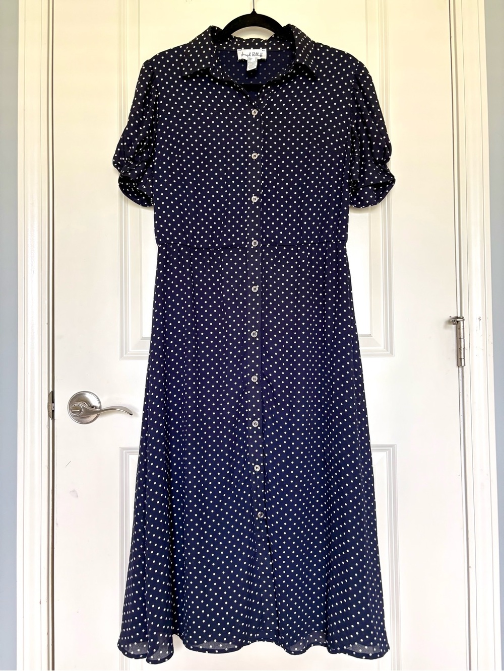 Joseph Ribkoff Navy and White Polka Dot Button-Front Maxi Dress